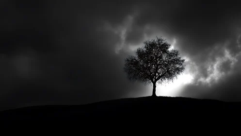 Lone hilltop tree carved in moonlit stormy silhouette.
