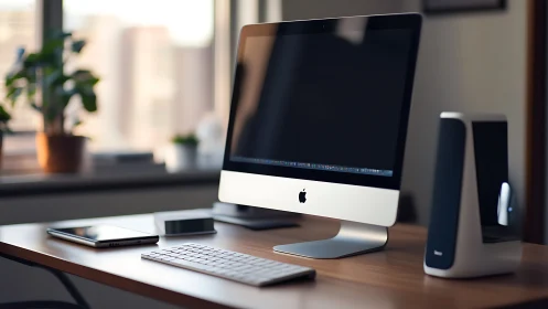 Minimalist desktop workspace glows in soft natural light
