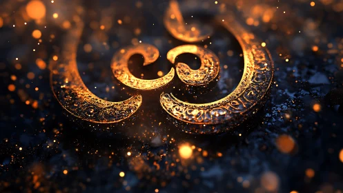 Golden ornamental symbol in glowing bokeh field.