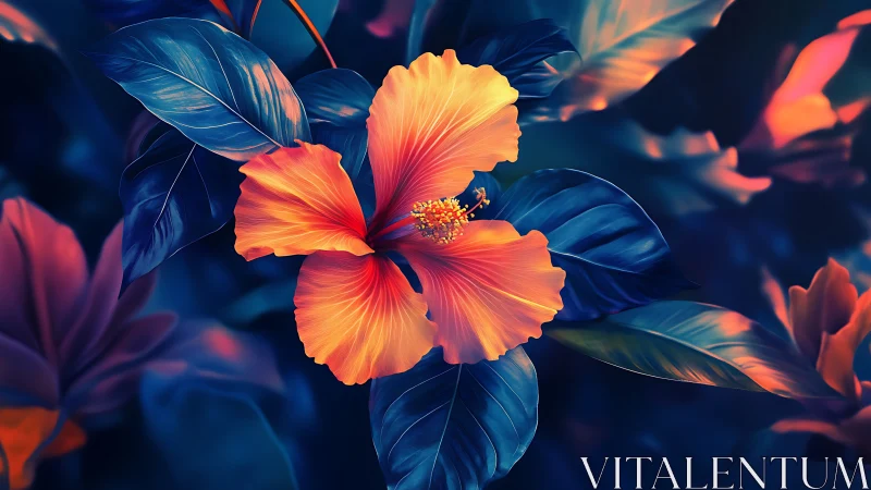 Luminous Hibiscus in Contrasting Blue and Orange Digital Light