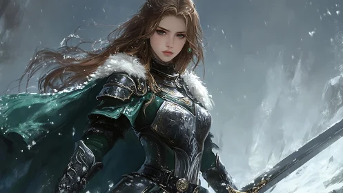 Winter armored warrior with emerald cloak in storm snowfield.