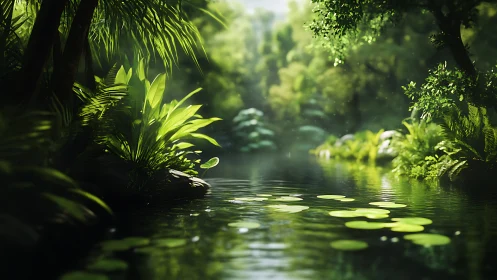 Lush tropical river with sunlit foliage and reflective water.