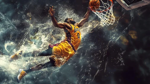 Kinetic digital painting of explosive basketball dunk impact.