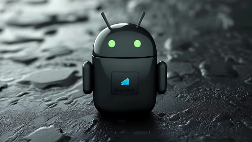 Playful black robot mascot glowing on a slick dark floor.