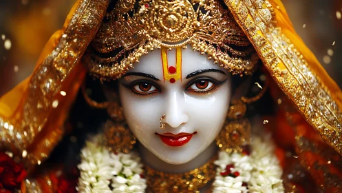 Hindu deity statue face with ornate golden crown and veil