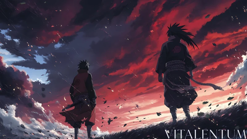 Stormlit warriors stand beneath a burning crimson sky