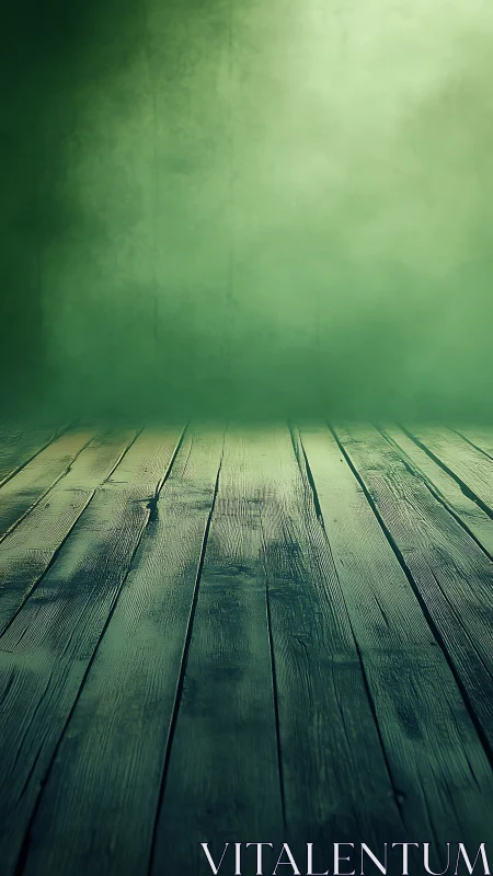 Green wooden floor with misty textured background wall.