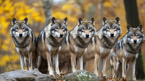 Wolf pack portrait in autumn forest with golden foliage focus.