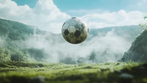 Weathered mountain football floats above misty green valley.