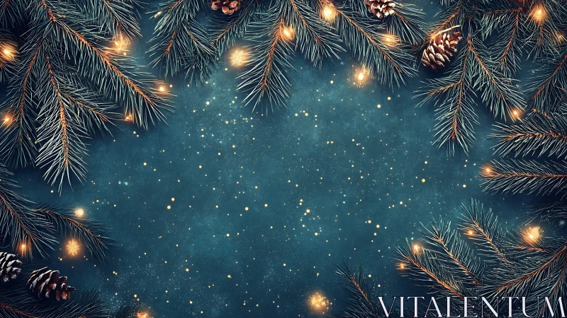 Christmas fir branches framing blue festive background.