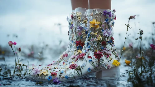 Photoreal floral resin boots in flooded meadow composition.