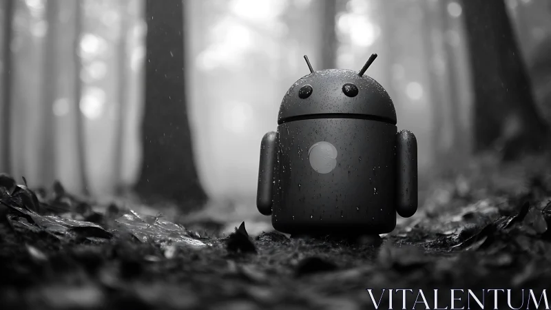 Android-style robot stands on wet forest floor in rain