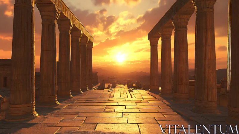 Rendered colonnade frames low sun over distant landscape