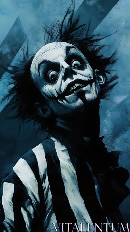 Gaunt striped figure stares upward with exaggerated grim smile