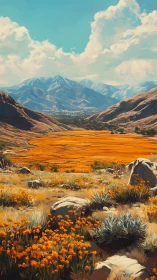 Golden valley blooms beneath calm snowcapped mountains.
