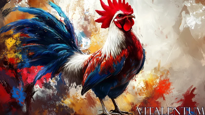 Red rooster with blue tail feathers rendered in expressive abstract brushwork