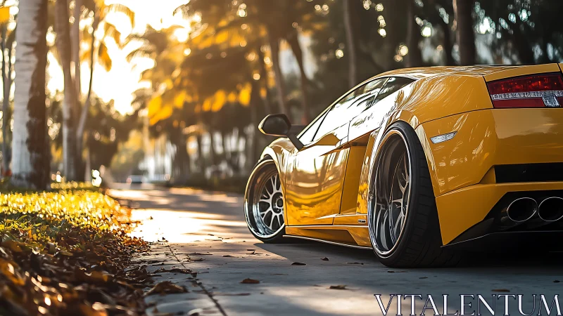 Photorealistic rear-quarter supercar study in sunset bokeh lighting.