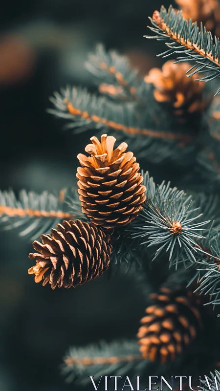 Conifer cones on evergreen branch in shallow depth of field.