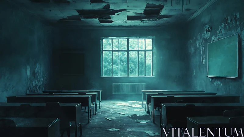 Abandoned classroom shows decayed interior and window light