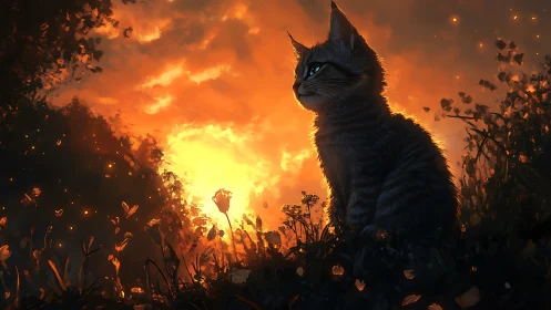 Black Cat Silhouette Against Apocalyptic Inferno.