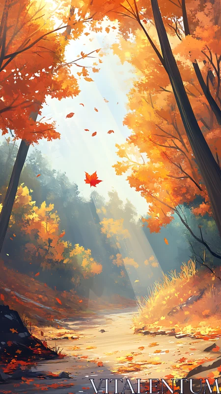 Autumn Forest Path with Falling Leaves and Morning Light.