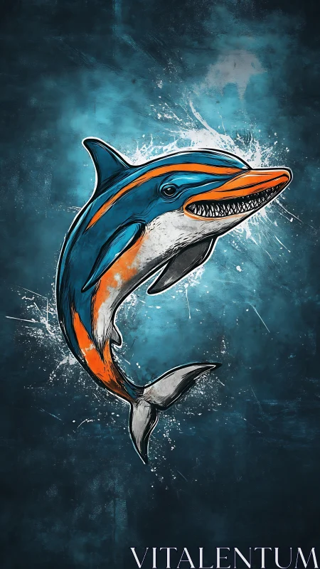 Bold stylized dolphin leaping with vivid orange and teal energy.