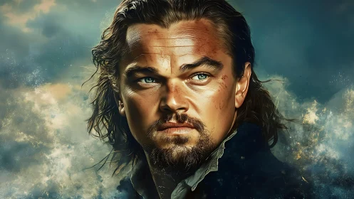 Weathered hero portrait glowing against a stormy sky.