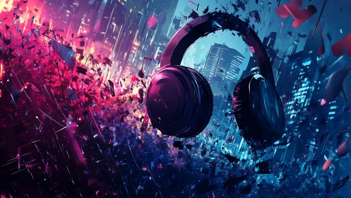 Neon headphones levitate in a fragmented cyberpunk cityscape