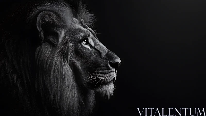 Monochrome lion profile in dramatic low key side lighting.
