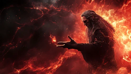 Fire sorcerer controlling flames in a dark inferno scene.