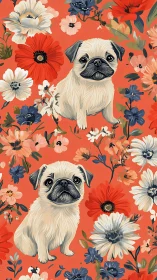 Digitally painted pug puppies repeat over high-contrast floral ground