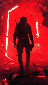 Backlit astronaut silhouette in red volumetric rupture field.