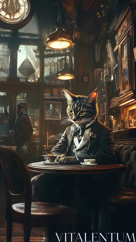 Feline Gentleman in Steampunk Cafe Ambiance.