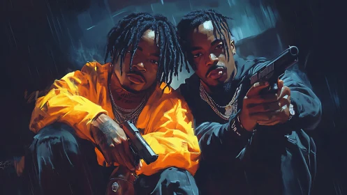 Digital painting of armed duo in urban nocturne composition.