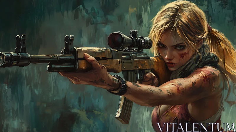 Battle-scarred sniper locks target with unwavering focus.