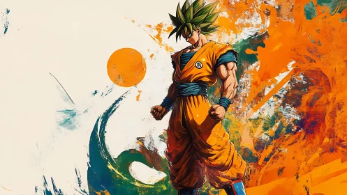 Heroic anime warrior stands tall in swirling fiery color