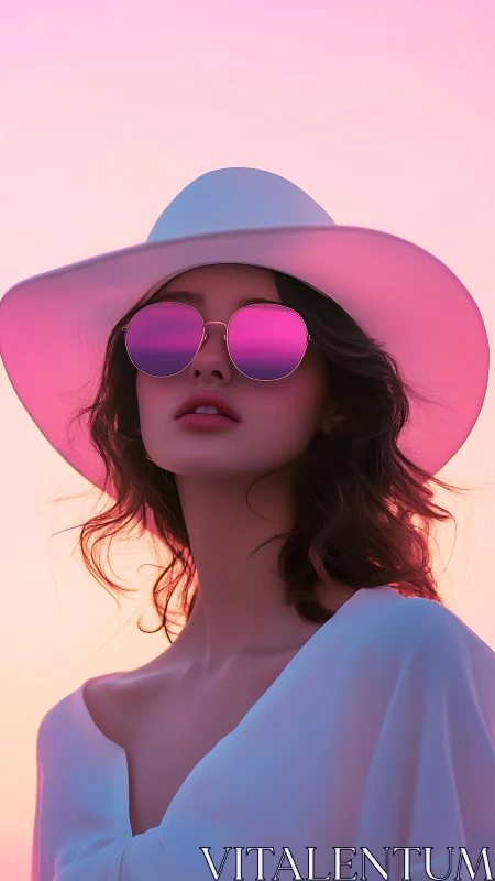 Sunlit girl in pink shades against a dreamy sunset sky.