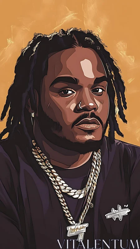 Gold-lit portrait of chained icon in bold vector poise.