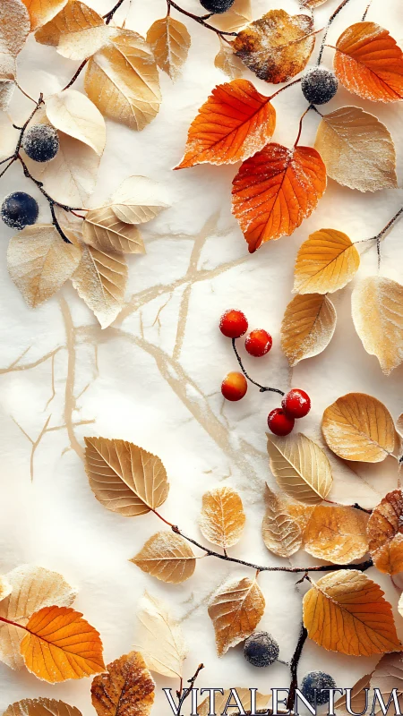 Frosted autumn foliage and berries on light marble backdrop
