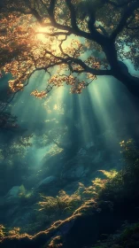 Sunlight shafts through dense forest canopy over mossy slope.