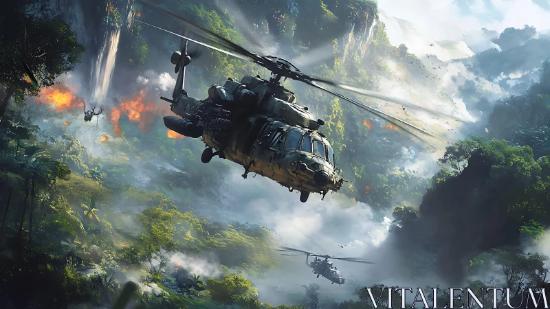 Attack helicopter penetrates humid jungle canyon under heavy fire