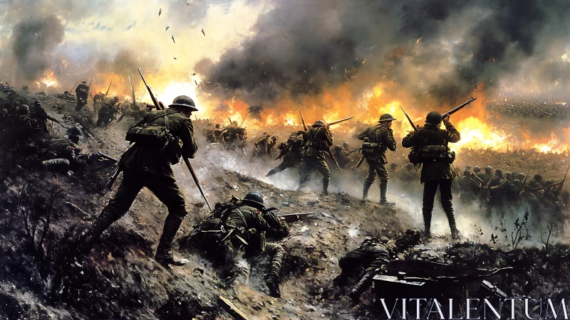 Infantry assault surging through trenchlines under firestorm.