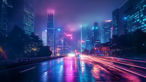 Cyberpunk neon cityscape with motion trails and wet asphalt surface.