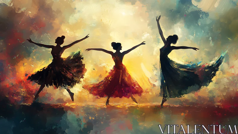 Triadic ballerina silhouettes in dynamic chromatic turbulence.