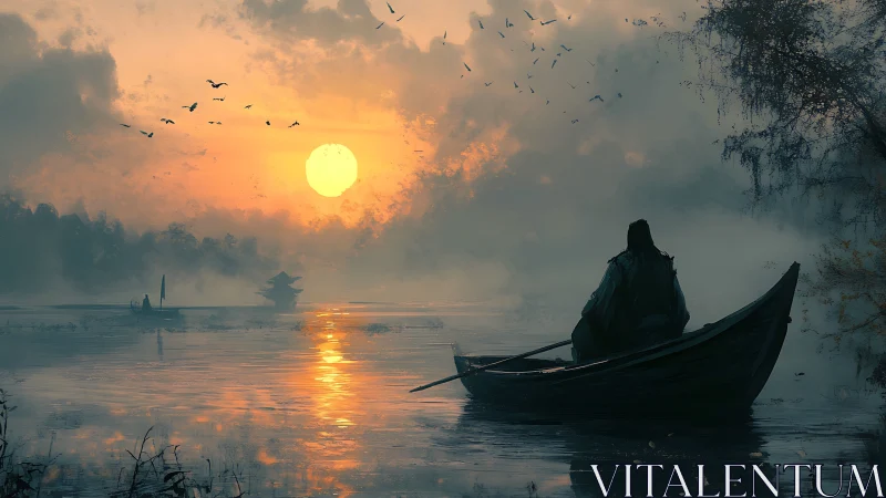 Solitary boat drifts toward misty sunrise over calm river