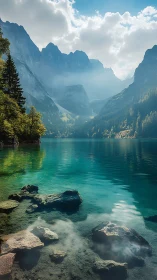 Morning light drifts over a tranquil turquoise mountain lake