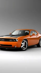 Orange muscle car stands poised under clean studio lights