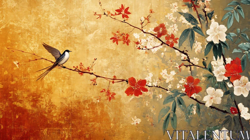 Songbird resting on spring blossoms against golden glow.