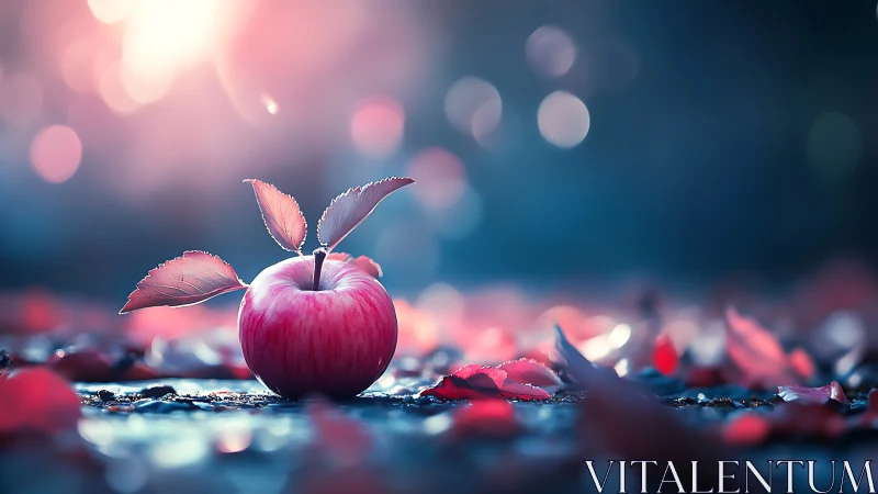 Macro bokeh study of dewlit apple with chromatic leaf scatter.