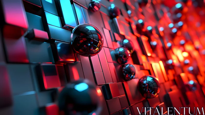 Glowing chrome spheres drifting over neon city blocks.